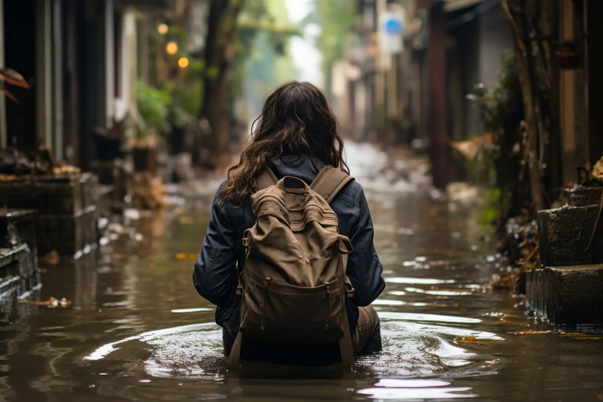 Persona vista di spalle, capelli mossi e zaino, seduta in una zona allagata; acqua torbida, detriti e sfondo urbano.