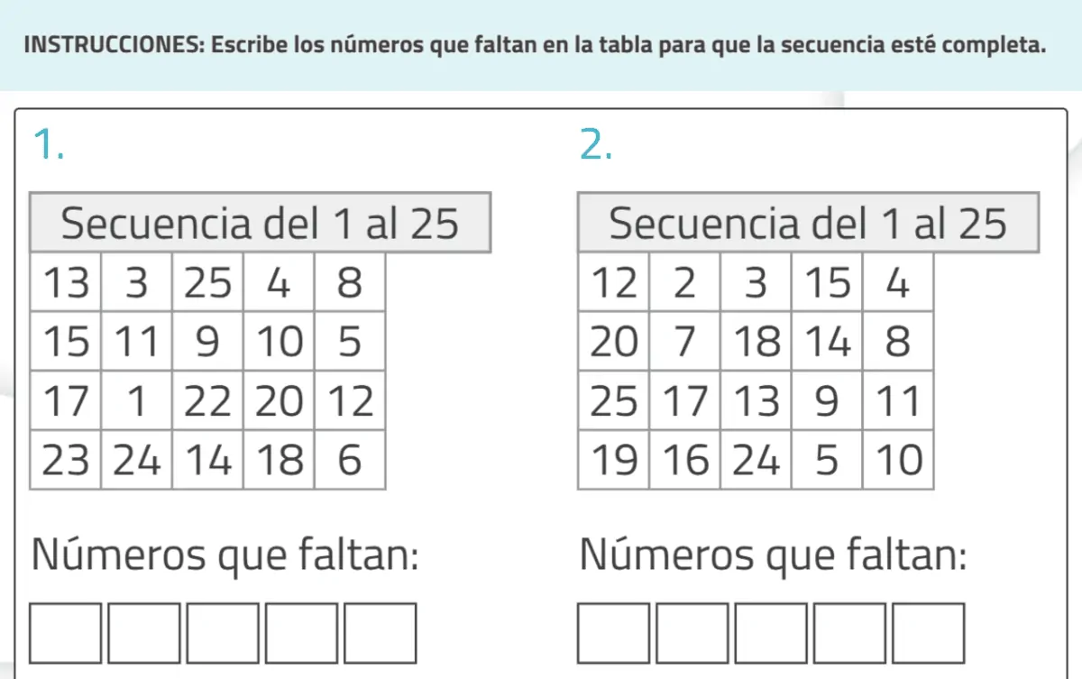 Pagina di esercizio matematico con due tabelle da 1 a 25 e spazi vuoti da completare con i numeri mancanti.