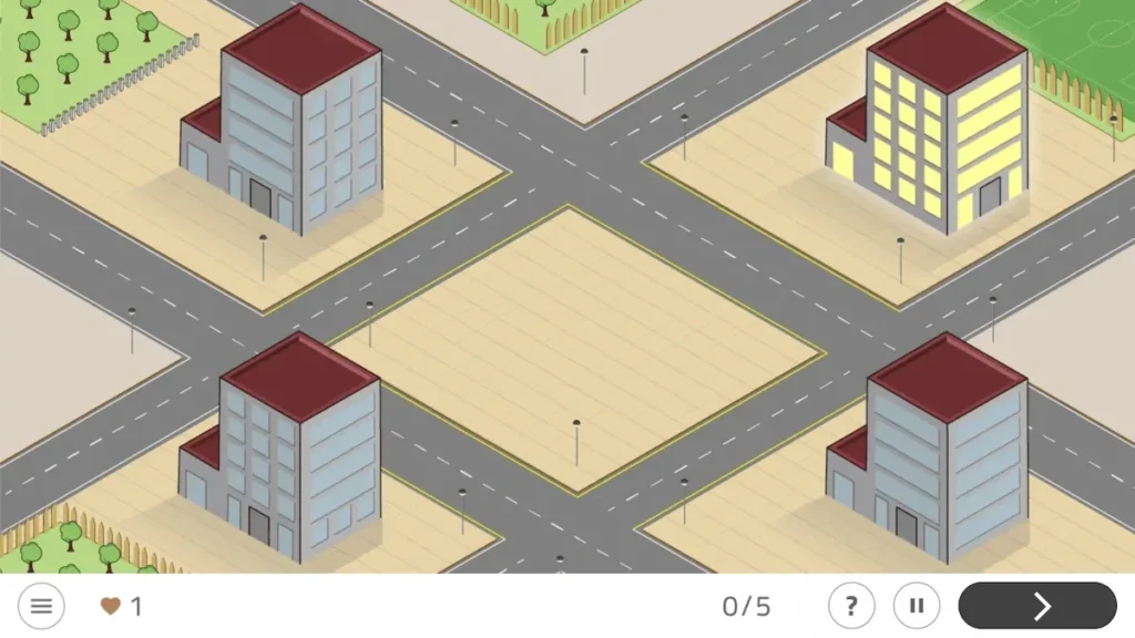 Intervento con NeuronUP in persone con sindrome di Down con l'attività "consegna a domicilio" Design urbano semplificato in NeuronUP: quattro edifici agli angoli, incrocio centrale vuoto, strade connesse e aree verdi.