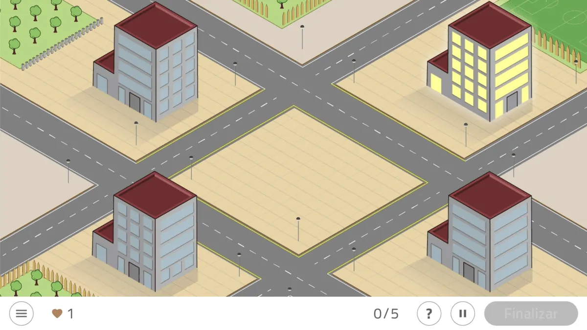 Interfaccia NeuronUP: mappa urbana con quattro edifici ai vertici, incrocio centrale e icone di statistiche in basso.