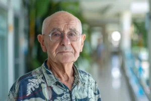 Uomo anziano con capelli grigi e occhiali, camicia con motivo floreale, in un corridoio interno con piante e luce naturale, che guarda verso la fotocamera.