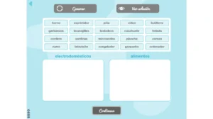 Schermata educativa con due sezioni: Genere e Verbo-acción, parole in elettrodomestici e alimenti, caselle vuote e pulsante Continua.