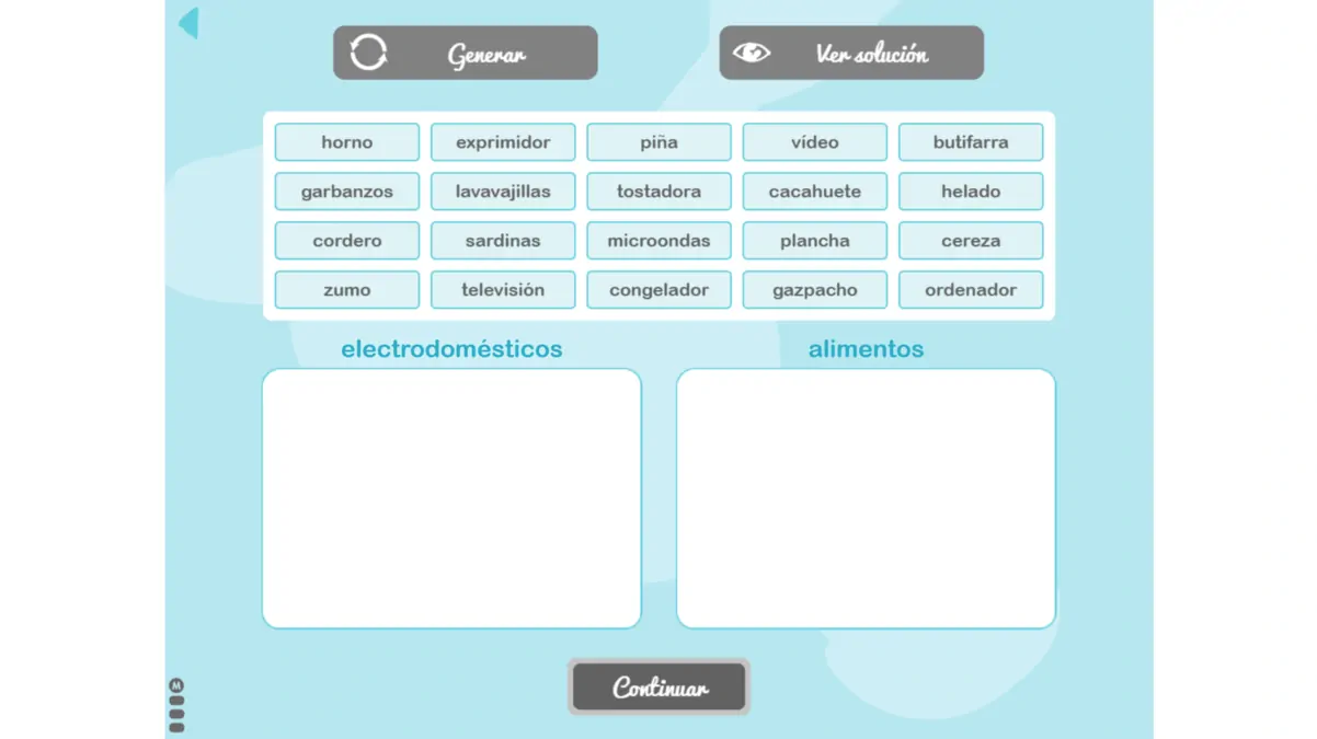 Schermata educativa con due sezioni: Genere e Verbo-acción, parole in elettrodomestici e alimenti, caselle vuote e pulsante Continua.