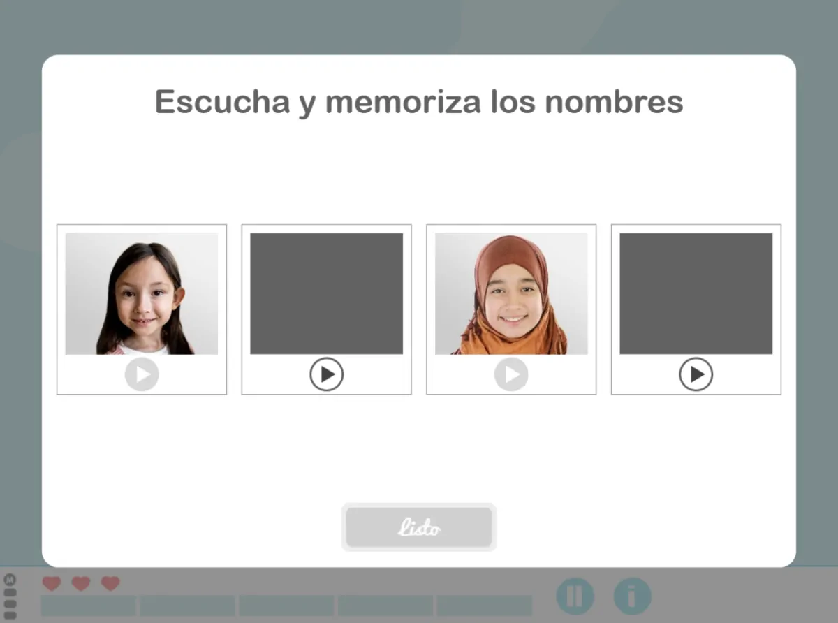 Interfaccia educativa interattiva: testo 'Escucha y memoriza los nombres', volti sorridenti, pulsanti audio/video e Listo.