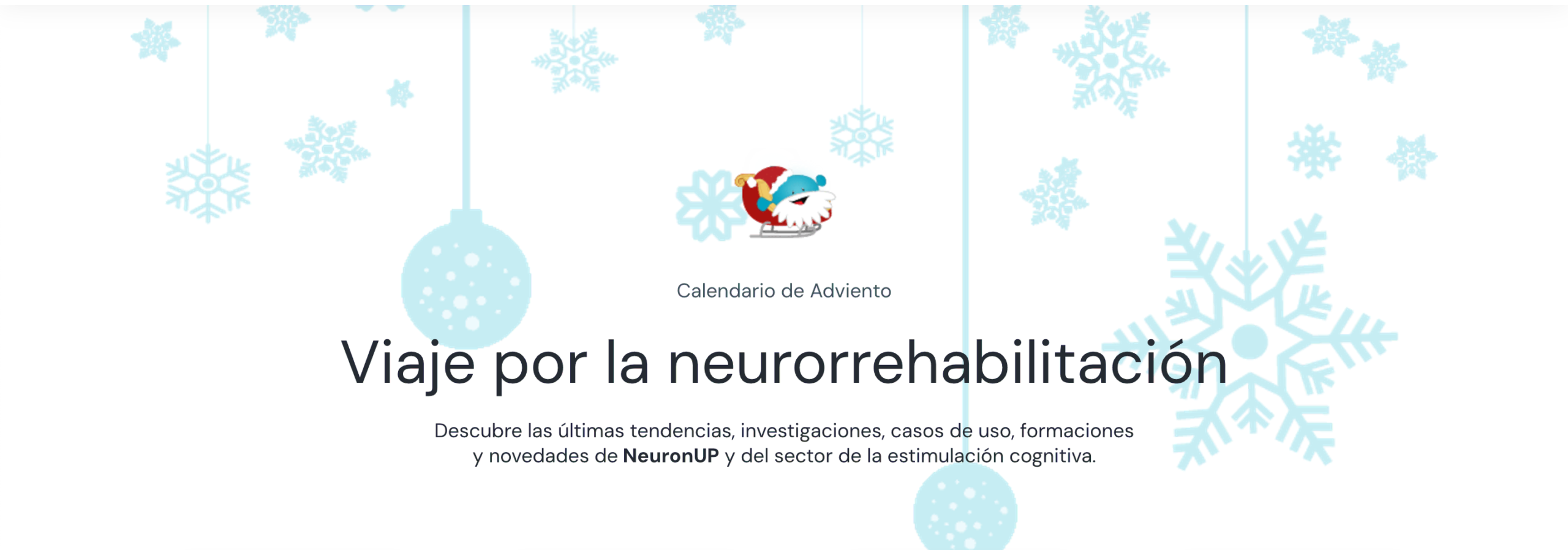 Calendario dell'Avvento in tema invernale con pupazzo di neve, fiocchi di neve blu e titolo Viaje por la neurorehabilitación.