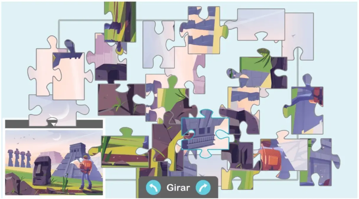 Puzzle in corso su NeuronUP: paesaggio con statue Moai, pezzi sparsi e una persona al lavoro; interfaccia con rotazione pezzi