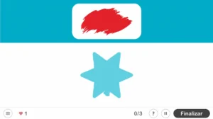 Interfaccia di gioco o app: sfondo blu, pennello rosso, stella azzurra e icone funzione (cuore, pulsante) ben visibili.