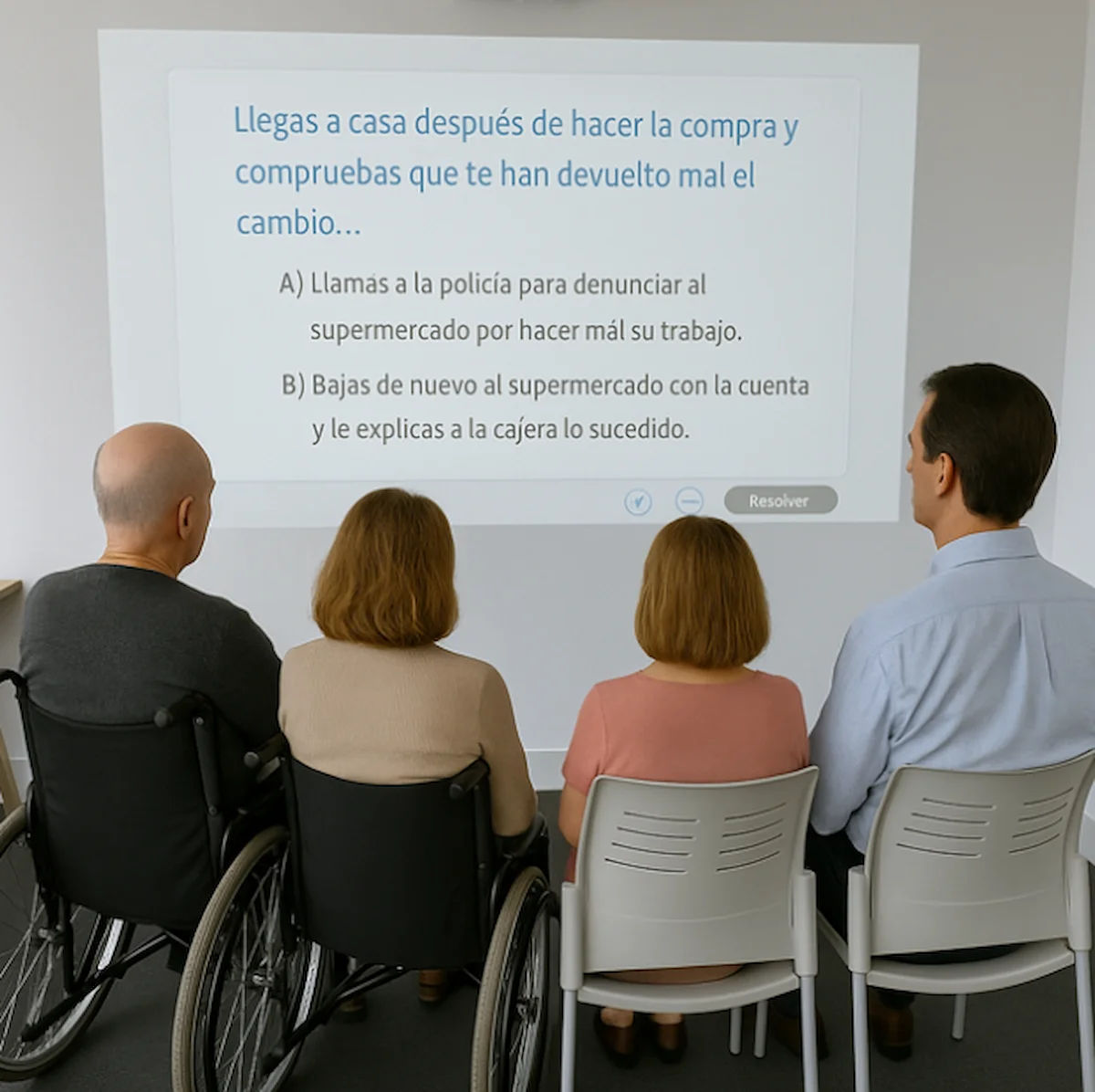 Gruppo di quattro utenti in un'unità di centro diurno, seduti di spalle, di fronte a una diapositiva; sembra una sessione di gruppo.