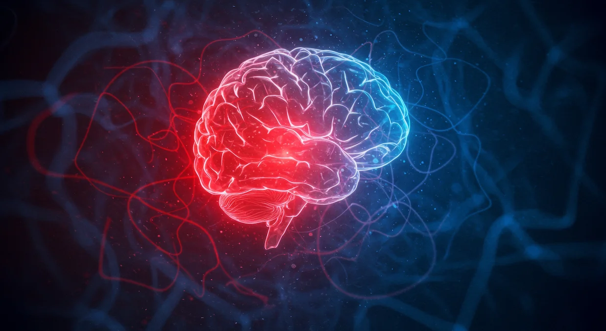 Cervello illustrato in stile digitale, illuminato in rosso e blu con reti neurali rappresentate da linee intrecciate.