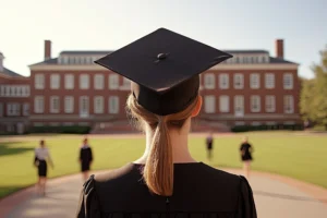 Persona con toga e berretto in un campus universitario all'aperto, sotto il sole, a simboleggiare la formazione in salute cognitiva