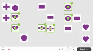 Insieme di forme viola su sfondo grigio, con caselle verdi di selezione e un pulsante Termina; gioco cognitivo.