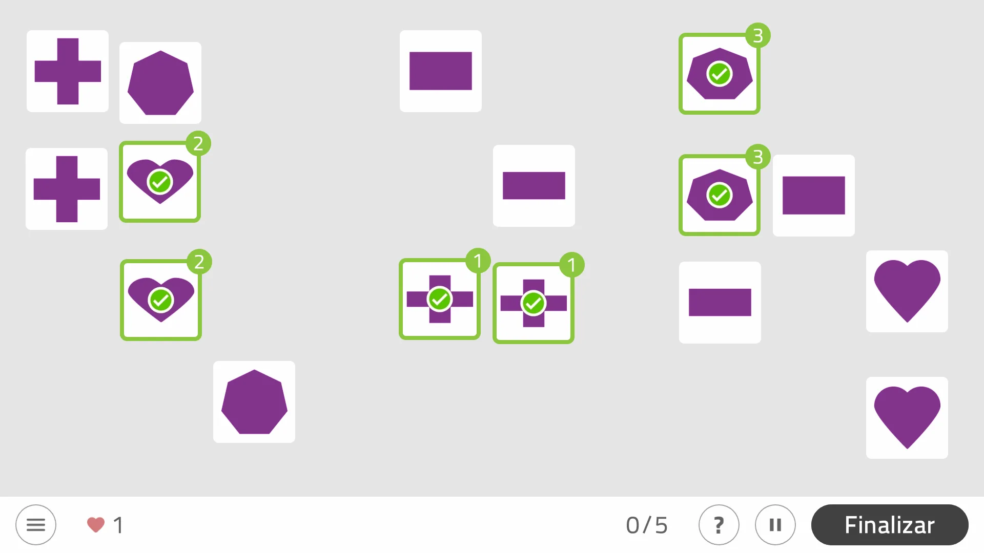 Insieme di forme viola su sfondo grigio, con caselle verdi di selezione e un pulsante Termina; gioco cognitivo.
