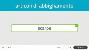 Interfaccia NeuronUP: Categorie contro il tempo, testo 'elementi per vestirsi', campo 'scarpe' verificato e contatore di 3.