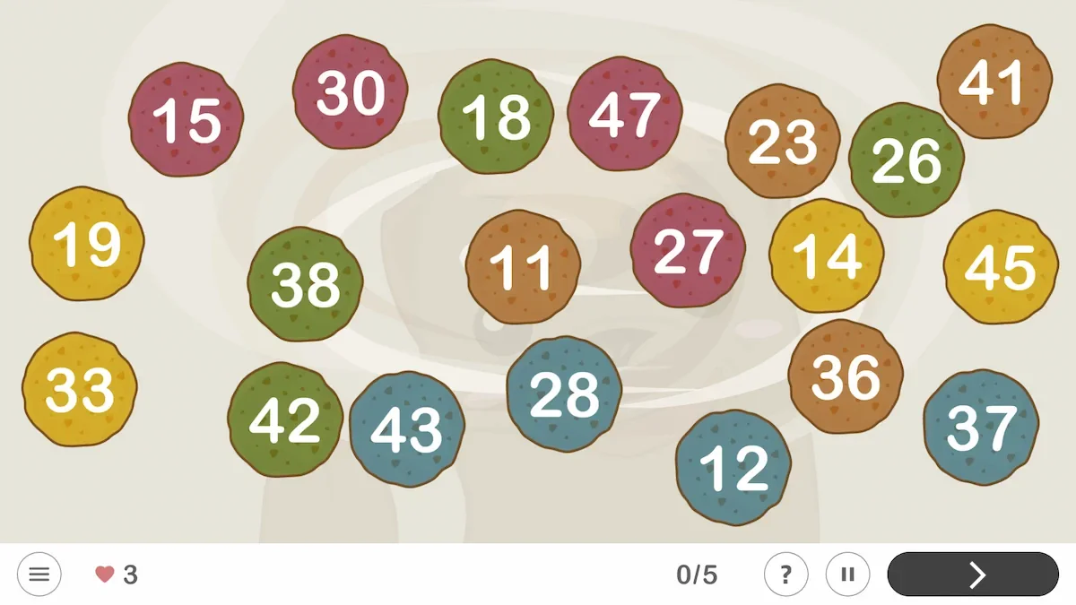 Serie di cerchi multicolore con numeri 11–47 e un pannello inferiore con cuore, 0/5 e Fine, sfondo morbido.