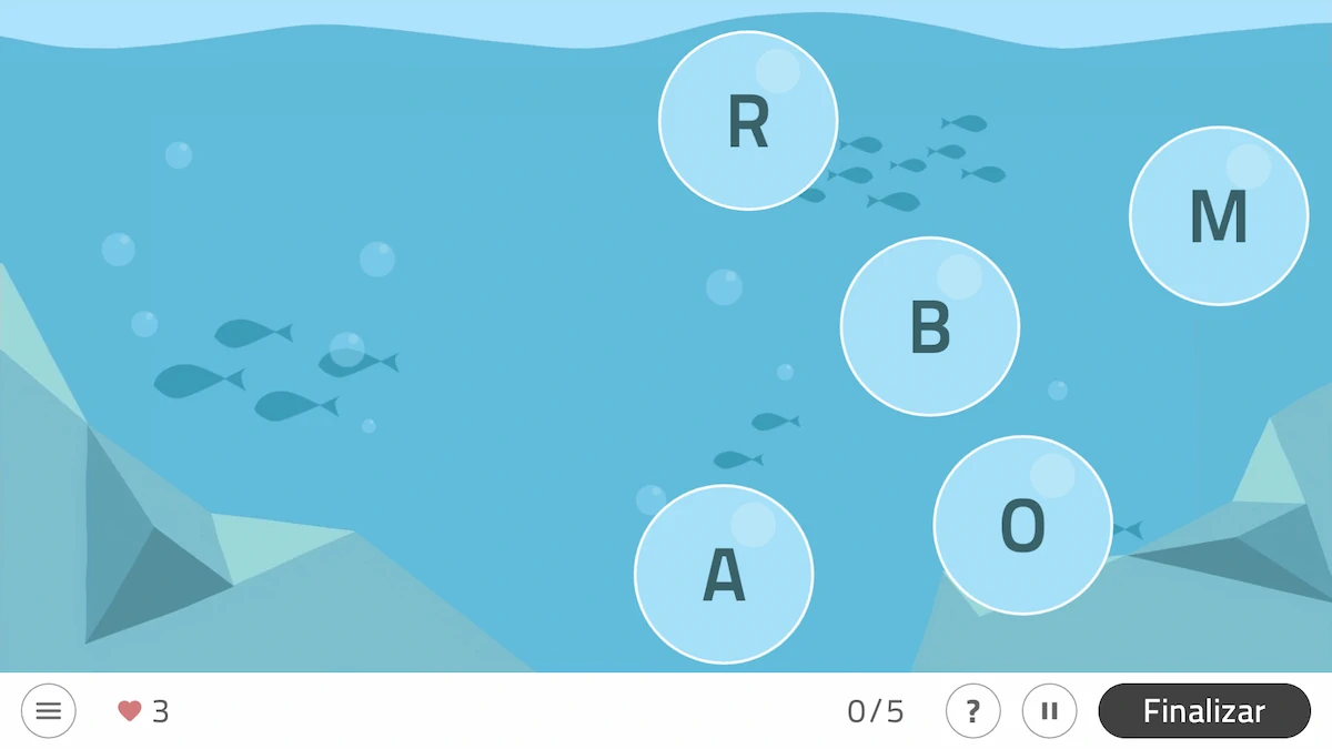 Interfaccia di NeuronUP con tema marino: bolle con le lettere R, B, O e M, sfondo azzurro chiaro, pesci e un pulsante Fine.