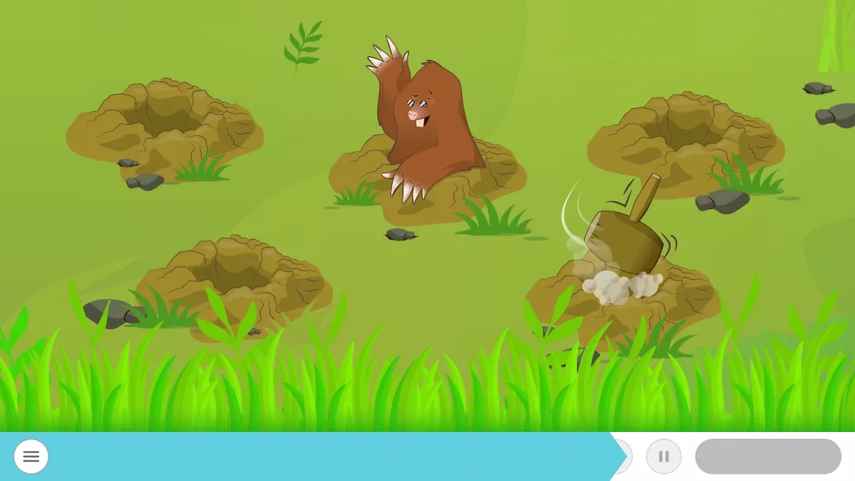 Illustrazione in stile cartoon di una talpa marrone con un martello accanto a buchi nel terreno e erba verde, per attività di attenzione