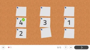 Lavagna di sughero con cinque post-it numerati da 1 a 4; il quarto in verde con una spunta, e un pulsante Concludi con un cuore.