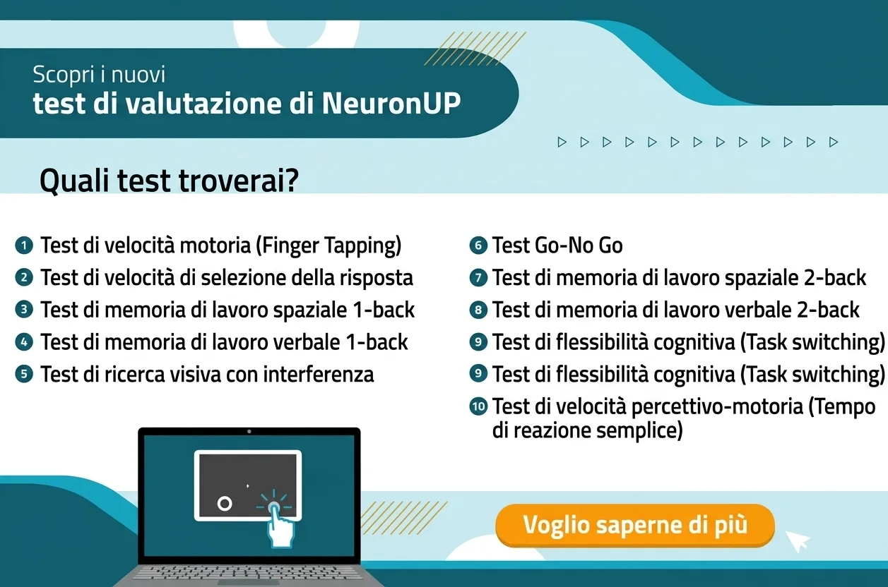 Annuncio di NeuronUP Assessment con batterie di valutazione: velocità motoria, memoria operativa verbale e spaziale, ricerca visiva, Go-No Go e flessibilità, con pulsante 'Voglio saperne di più'.