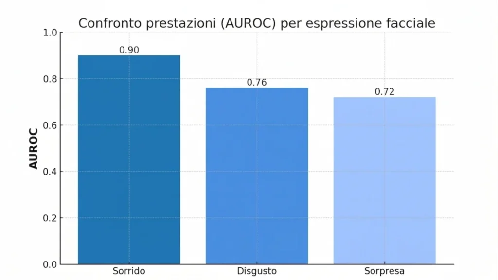 Diagramma comparativo che mostra l'AUROC del modello in base a ciascuna espressione facciale: sorriso, disgusto e sorpresa.
