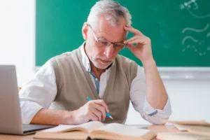 Illustrazione educativa: uomo anziano con occhiali seduto di fronte a un libro e a un portatile, davanti a una lavagna verde, con cervello e grafici sull'ADHD