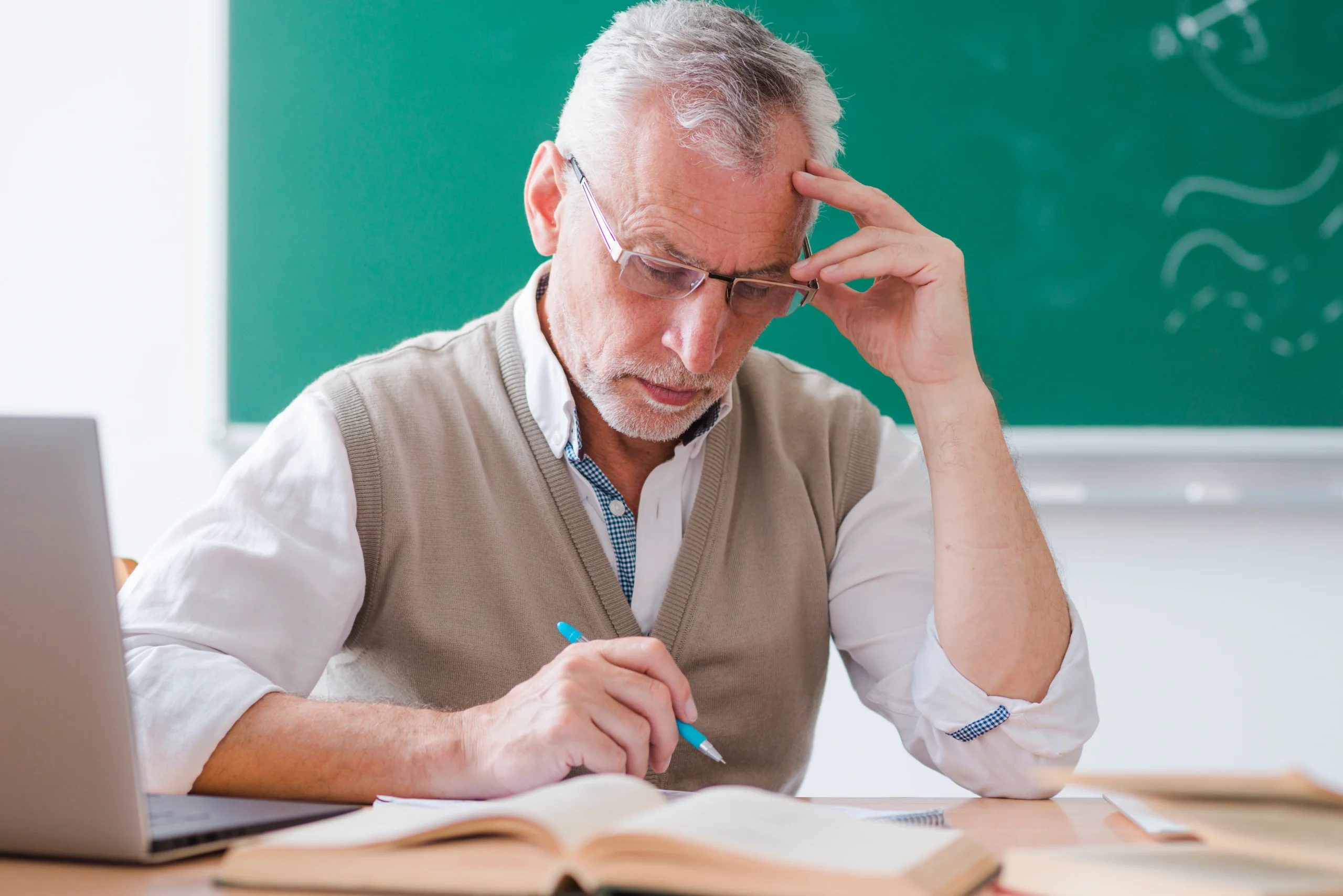 Illustrazione educativa: uomo anziano con occhiali seduto di fronte a un libro e a un portatile, davanti a una lavagna verde, con cervello e grafici sull'ADHD