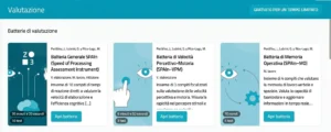 Interfaccia di valutazione di NeuronUP Assessment, con la sezione Valutazione e batterie quali General SPAIn, SPAI VPM e Memoria Operativa, più annuncio.