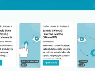 Interfaccia di valutazione di NeuronUP Assessment, con la sezione Valutazione e batterie quali General SPAIn, SPAI VPM e Memoria Operativa, più annuncio.