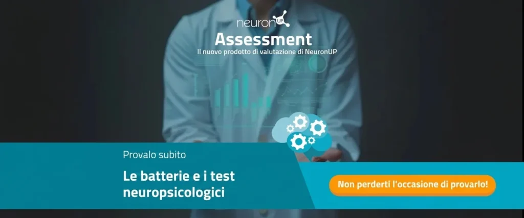 Copertina pubblicitaria di NeuronUP Assessment con grafico dei dati, titolo e slogan, CTA per provare le batterie di valutazione.