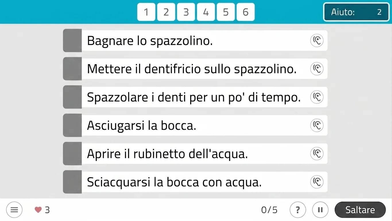Interfaccia di NeuronUP per ordinare i passi del lavaggio dei vestiti: schede con azioni e area di testo sullo schermo.