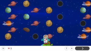 Sfondo spaziale con astronauta al centro su un pianeta verde, circondato da pianeti colorati, asteroidi e stelle, con un contatore di elementi.