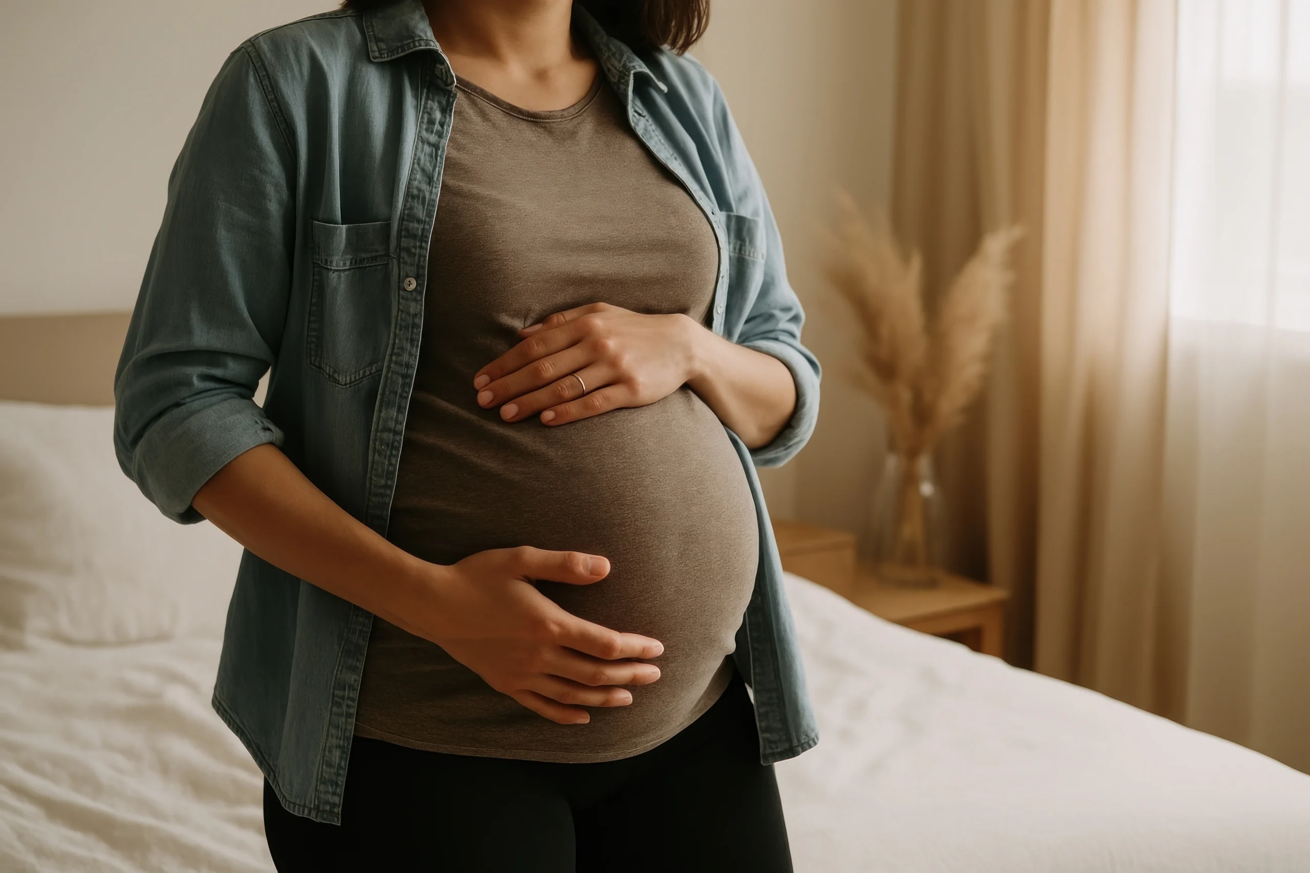 Donna incinta di profilo, in piedi in un ambiente interno caldo, con la mano sull'addome e luce naturale soffice.