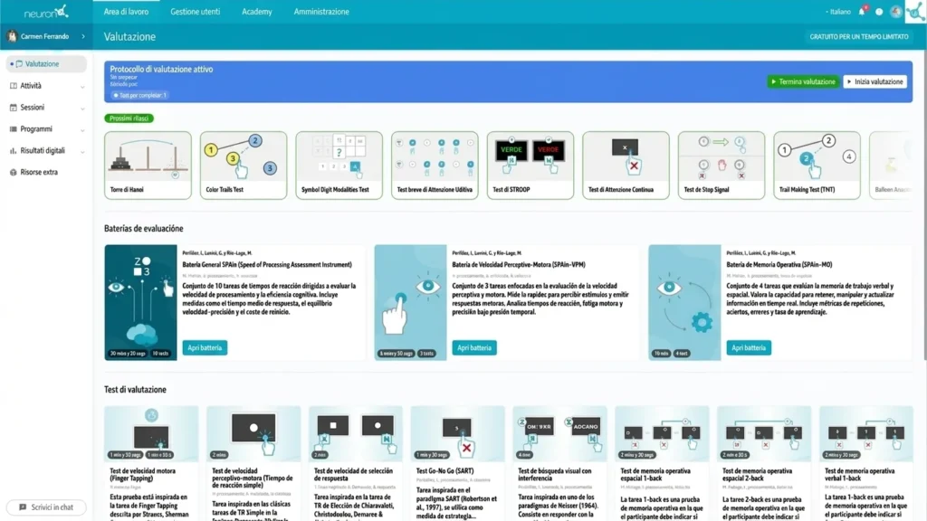 Interfaccia di NeuronUP con strumenti di valutazione: pannelli, grafici e opzioni di valutazione, con navigazione superiore.