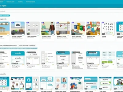 Copertina di NeuronUP: interfaccia educativa con menu superiore e piastrelle di attività interattive per parole, numeri e vocabolario.