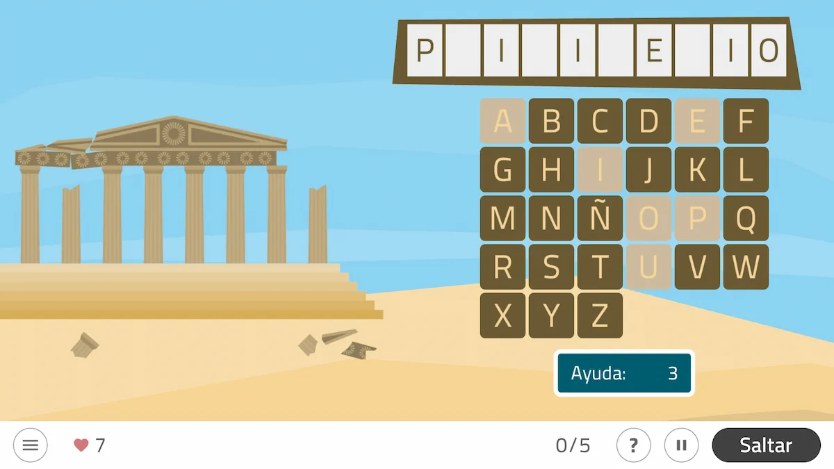 Gioco dell'impiccato in NeuronUP con lettere e spazi, parola da indovinare, pupazzo, con edificio antico in paesaggio desertico.