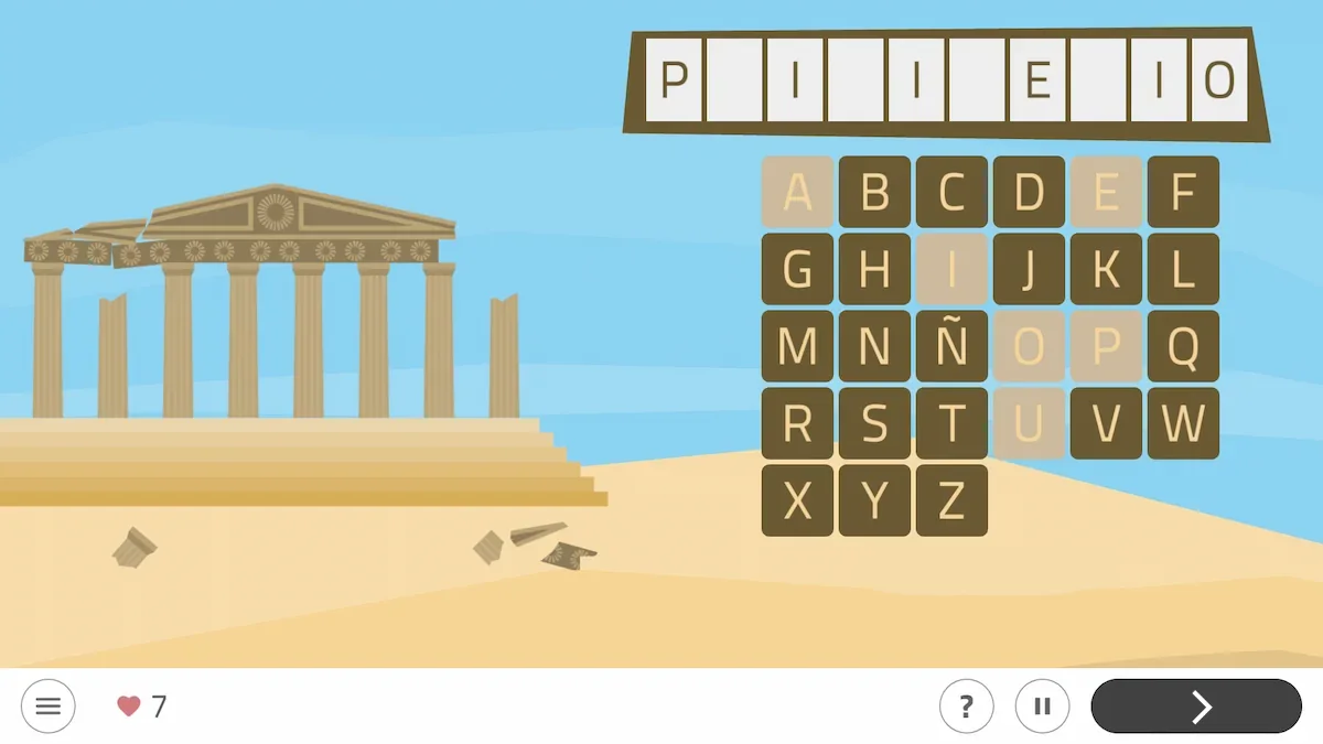 Gioco dell'impiccato in NeuronUP con lettere e spazi, parola da indovinare, omino, con edificio antico in paesaggio desertico.