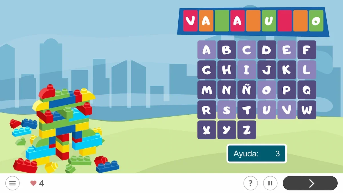 Illustrazione di NeuronUP con blocchi LEGO a sinistra e pannello dell'alfabeto a destra, lettere evidenziate e pulsante Salta.