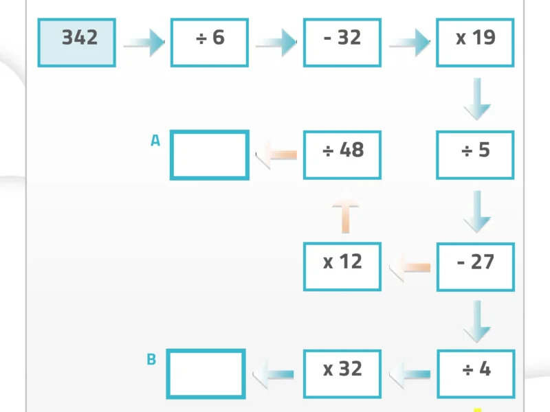 Foglio di lavoro educativo per memoria di lavoro: operazioni concatenate tra addizioni, sottrazioni e una moltiplicazione.