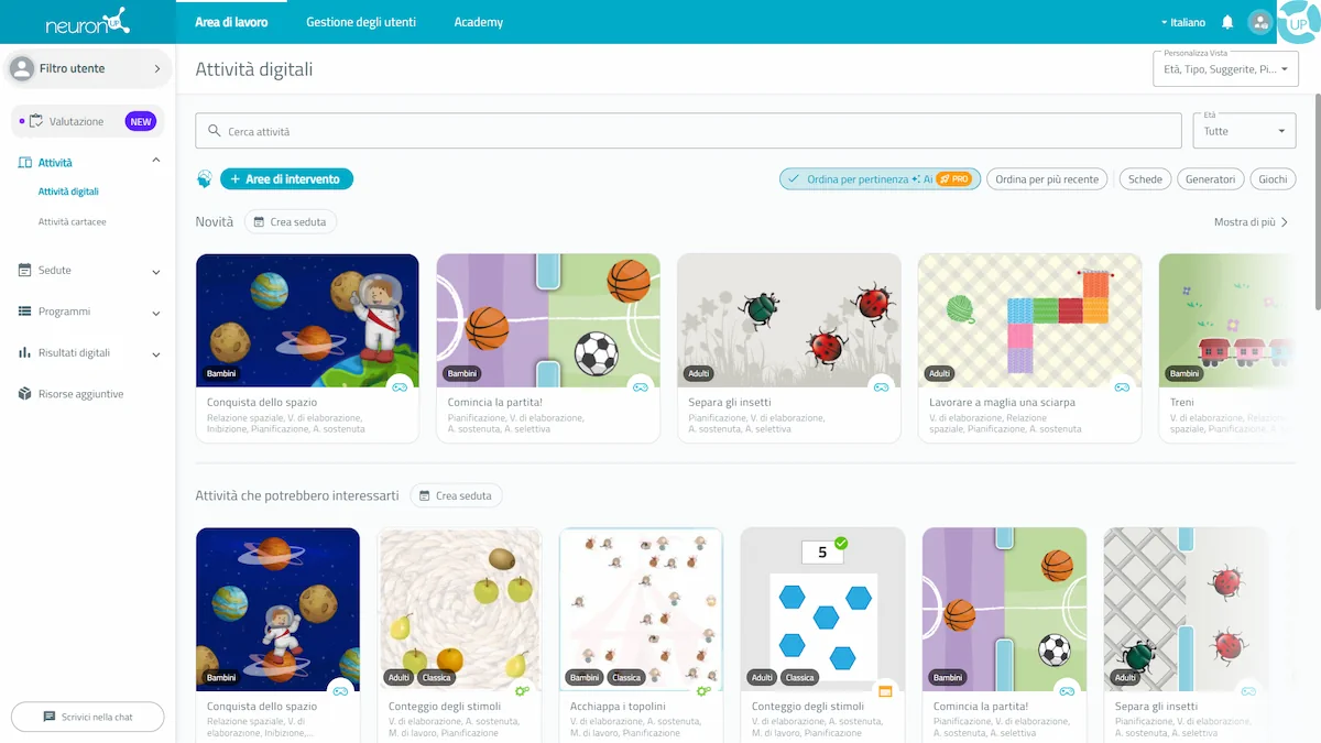 Interfaccia della piattaforma NeuronUP in italiano