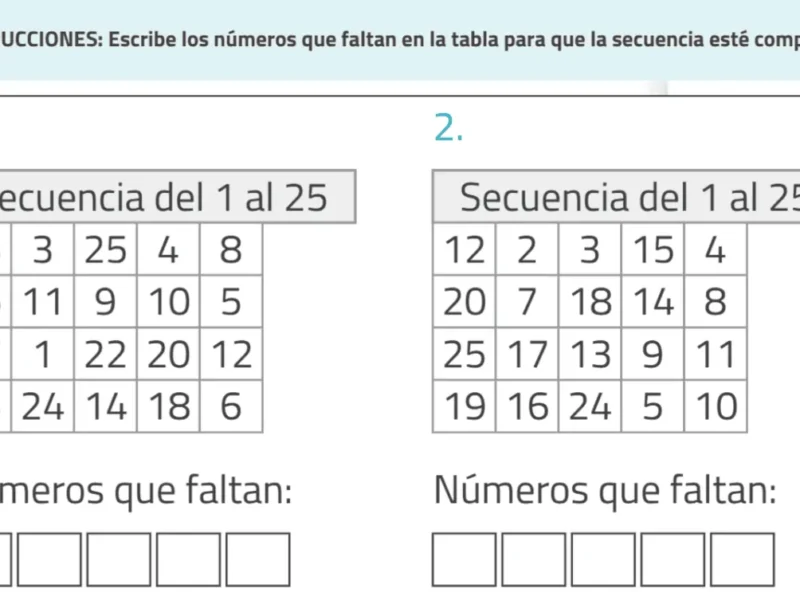 Scheda di attenzione sostenuta: due tabelle con sequenze da 1 a 25, con numeri mancanti da completare.