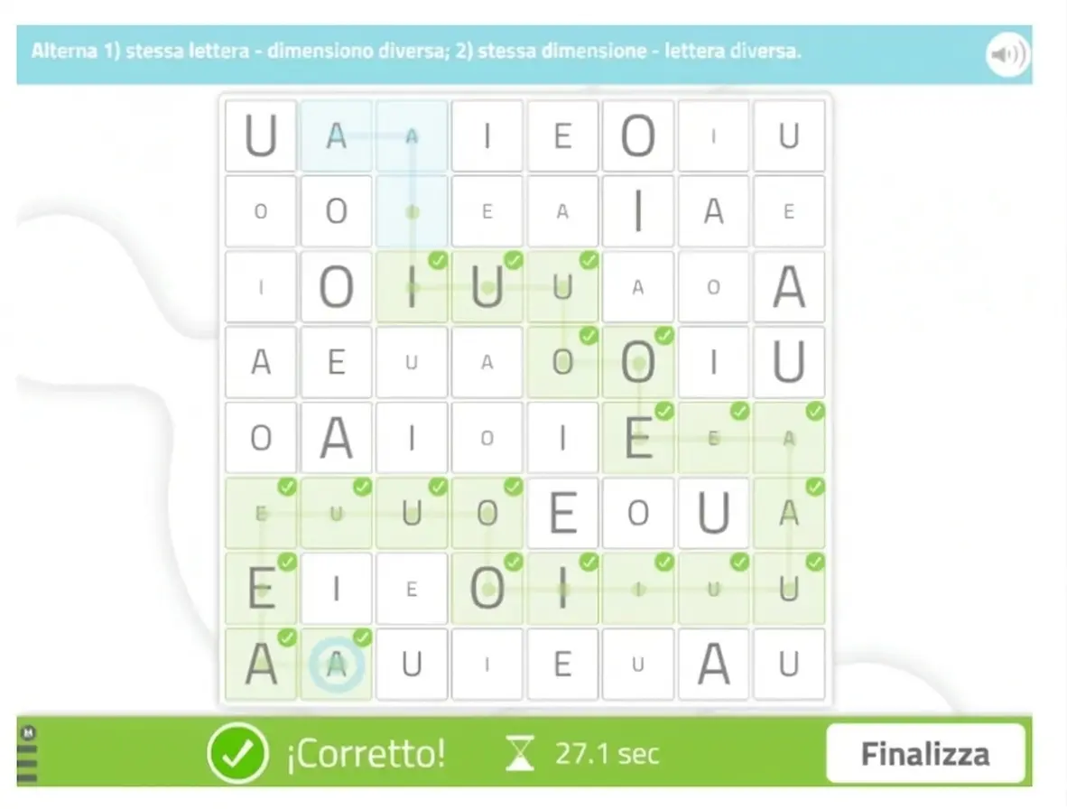 Labirinto a griglia con le lettere A, E, I, O, U distribuite; frecce e istruzioni alternate per risolverlo, cronometro e messaggio di risposta corretta.