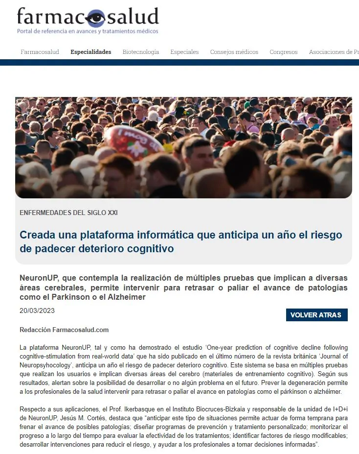 Farmacosalud publica una noticia del estudio sobre NeuronUP y el deterioro cognitivo