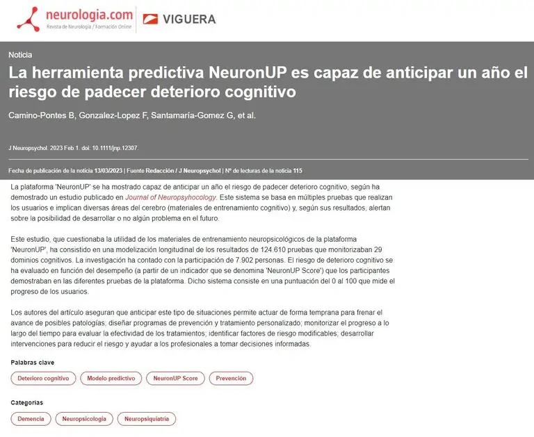 NeuronUP anticipa un año el riesgo de padecer deterioro cognitivo