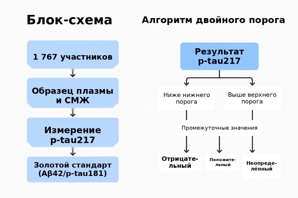 Изображение 1. Блок‑схема с этапами исследования слева. Алгоритм двойного порога с деревом решений справа.