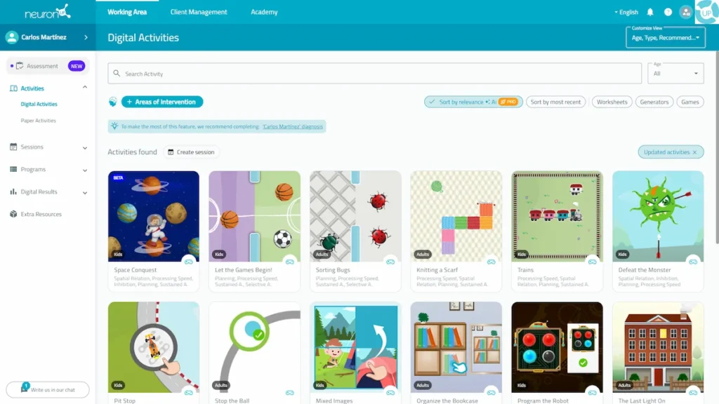 NeuronUP Platform interface