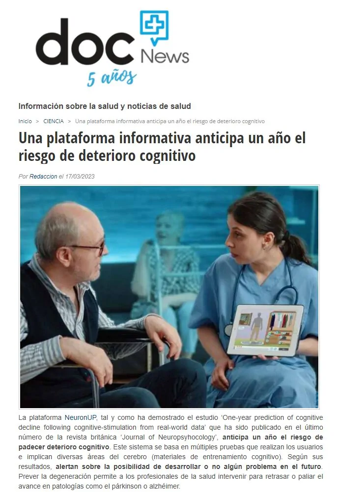 Обложка DocNews с графиком и инфографикой о прогнозировании когнитивного снижения с помощью NeuronUP и двумя людьми, анализирующими данные.