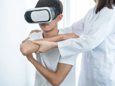 Молодой человек в VR-шлеме, сосредоточенно выполняющий упражнение; специалист поддерживает его руки во время реабилитации.