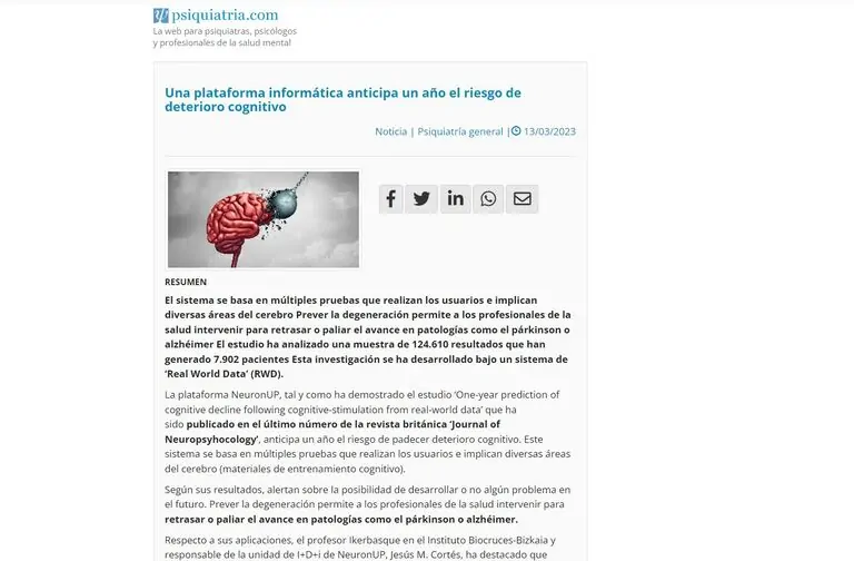 Логотип NeuronUP рядом с заголовком о прогнозировании когнитивного снижения в психиатрической статье.