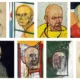 Серия портретов лысого мужчины в экспрессионистском стиле с разными выражениями лица и яркими цветами.