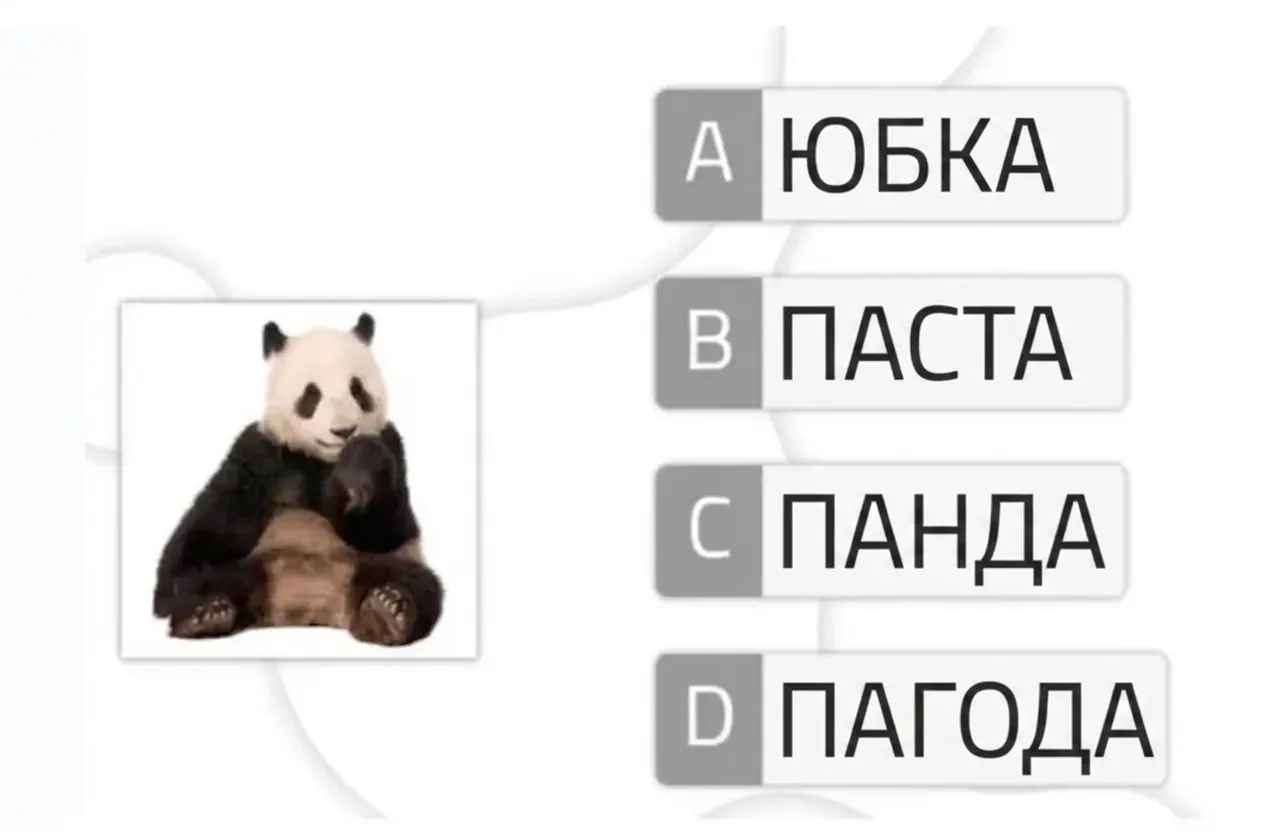 Снимок экрана NeuronUP: панда рядом со списком слов (PALDA, PASDA, PANDA и PAGDA) для задания на выбор ответа.
