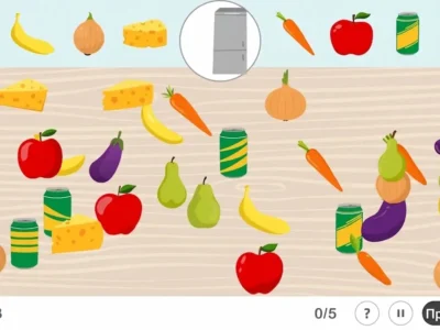 Интерфейс NeuronUP с заданием «Ищи — и найдешь», сложный уровень: продукты, предметы и холодильник на заднем плане.